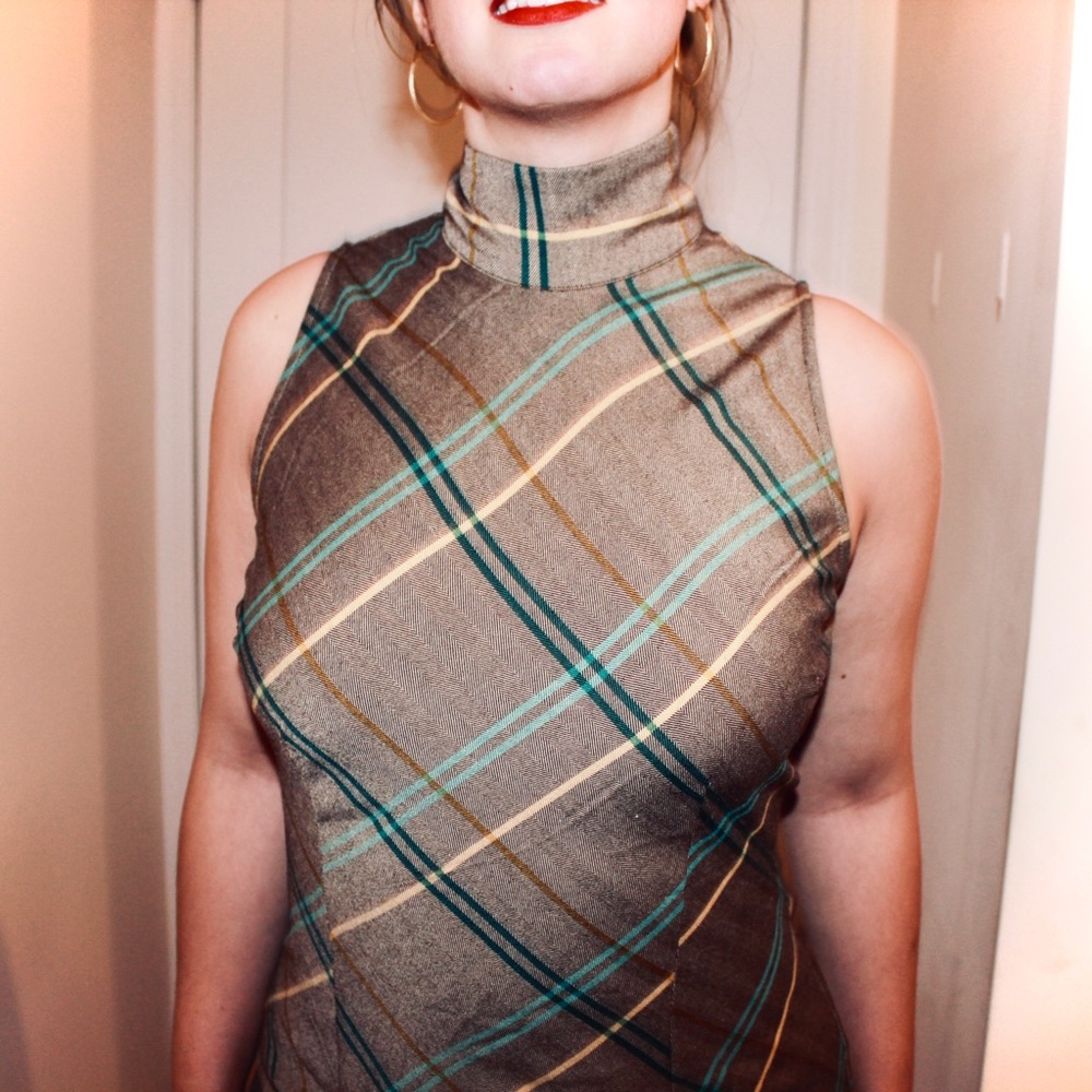 High-neck plaid work dress